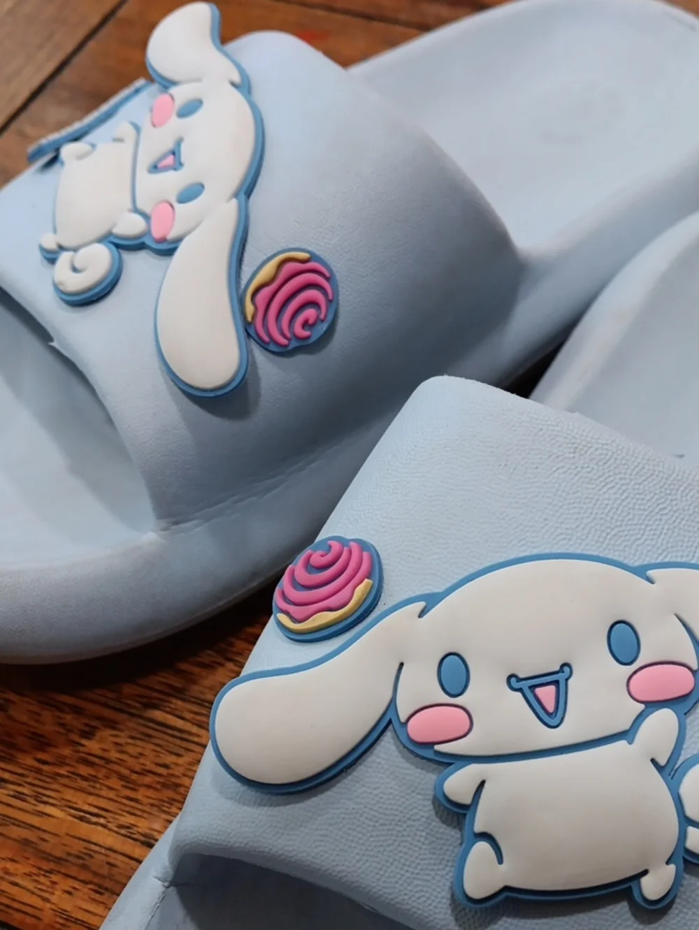 Kids Light Blue Slide Sandals with Cute Character Cinnamoroll.